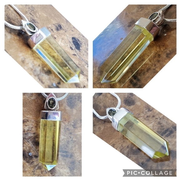 Genuine Lemon Topaz & Czech Moldavite Pendant Necklace - Picture 4 of 6